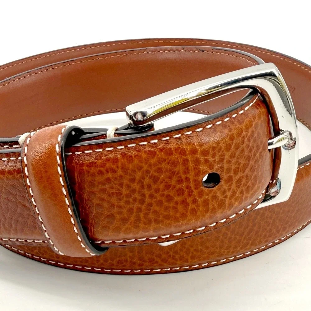 Johnston & Murphy Dress Belt Men 38 Brown Pebbled Leather Contrast Stitch Preppy
